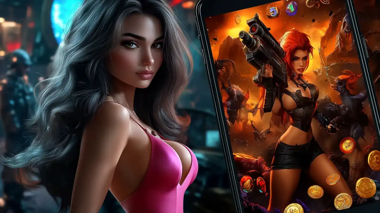 Beautiful brunette woman in pink dress holding smartphone displaying action casino game with warrior characters and golden coins