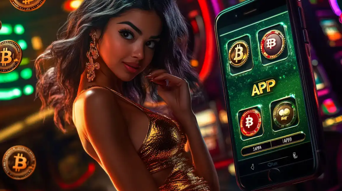 Elegant brunette woman in golden dress holding smartphone with Bitcoin casino app and floating cryptocurrency coins