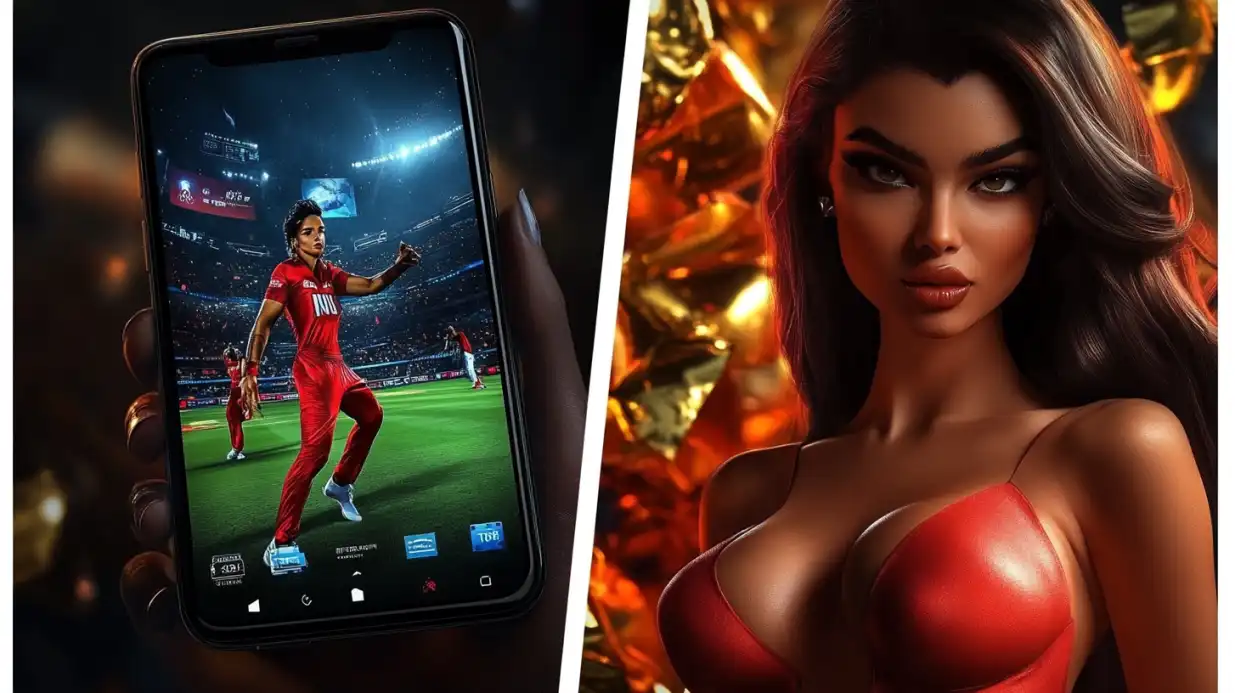 Smartphone displaying football sports betting app with attractive woman in red dress in casino environment