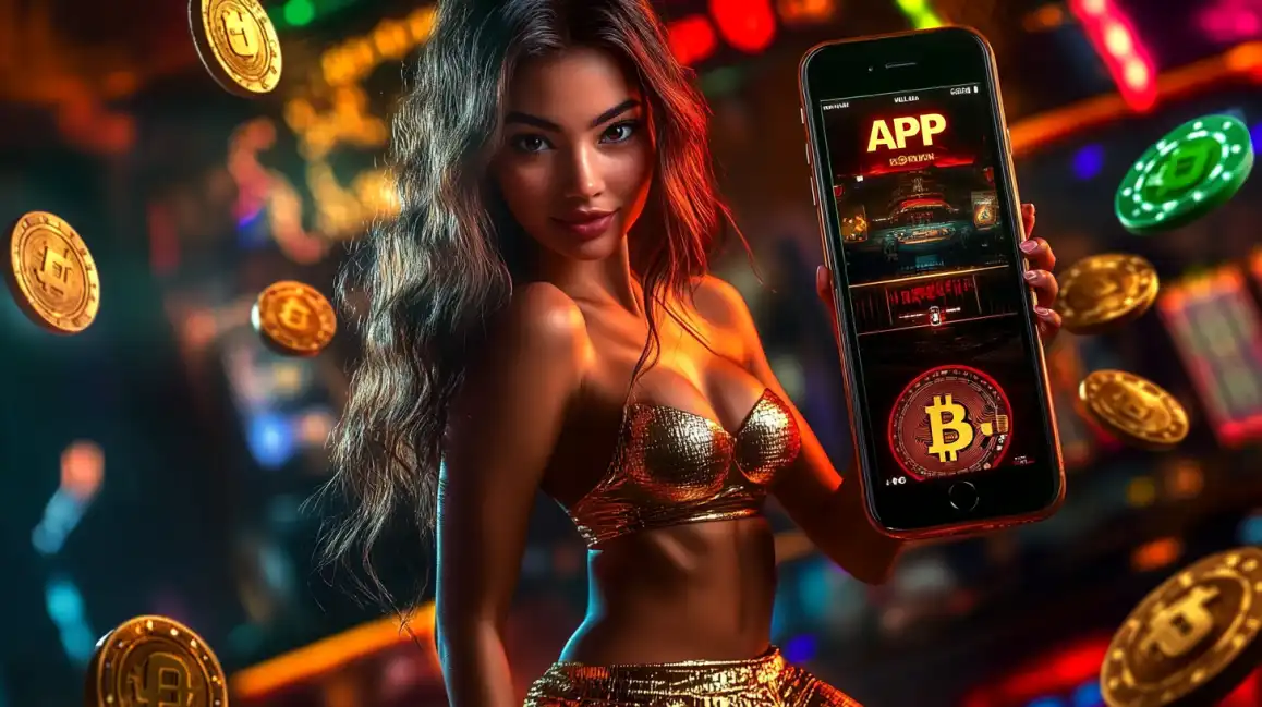 Beautiful woman in shimmering golden outfit showing mobile Bitcoin casino app with floating golden coins