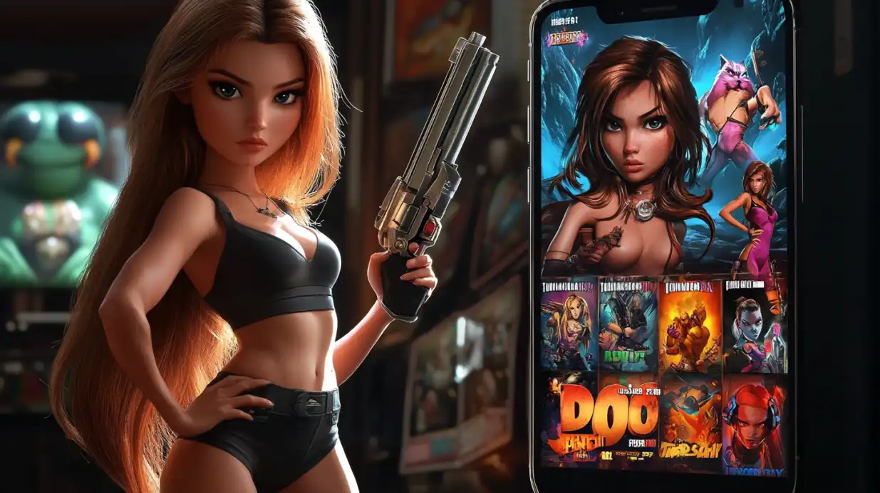 Blonde woman in black outfit holding gun with smartphone displaying various mobile casino games and slots