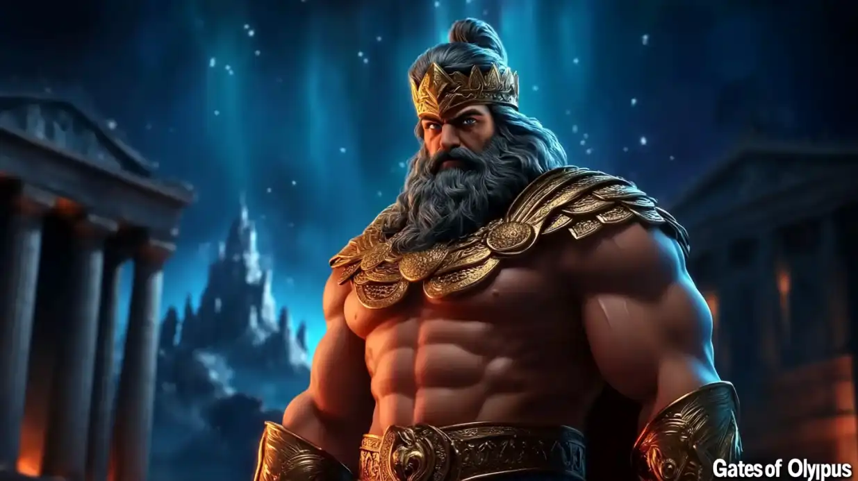 Muscular bearded warrior god Zeus with golden armor and crown representing Gates of Olympus casino slot game