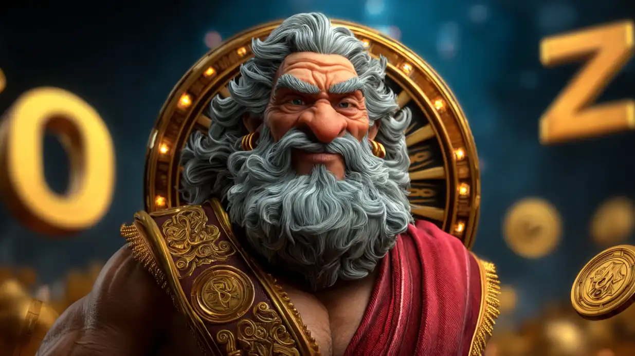 Smiling Zeus god character with white beard sitting on golden ornate throne with casino coins background