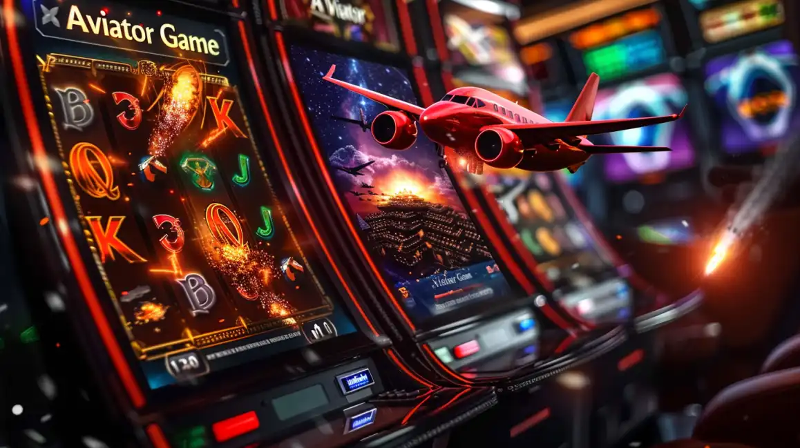 Aviator casino game on slot machine screen with red airplane and casino floor background