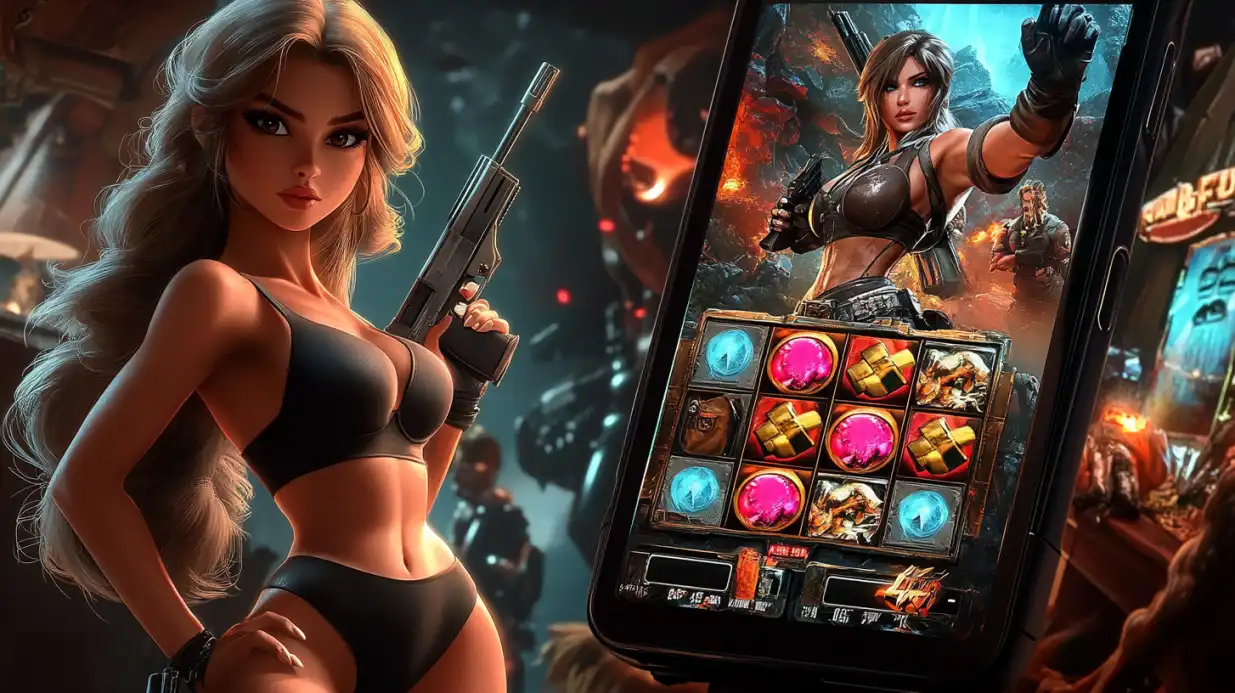 Blonde woman in black outfit holding smartphone displaying mobile casino slot game interface
