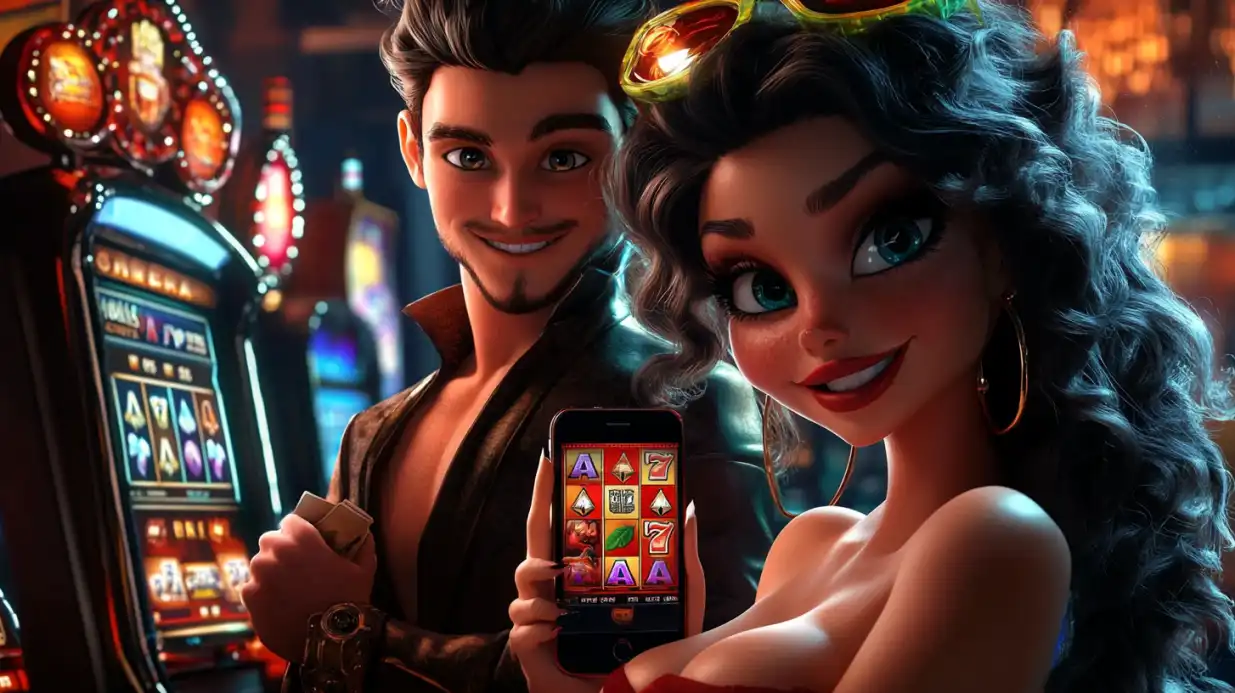 Animated couple showing mobile slot game on smartphone in casino environment with slot machines background