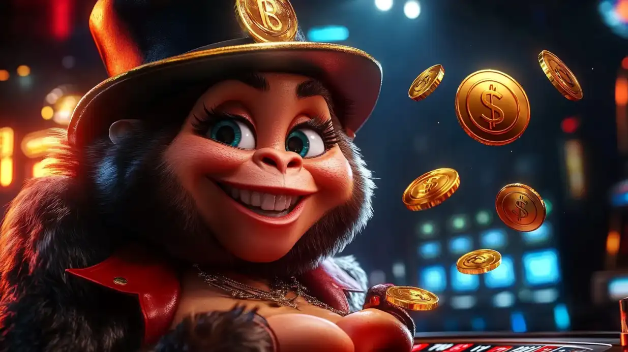 Happy cartoon monkey character wearing hat with Bitcoin and dollar coins floating around in casino setting