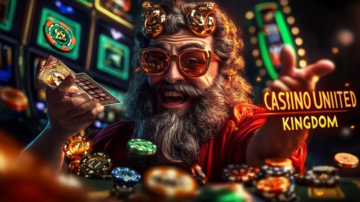 Excited bearded man with sunglasses celebrating casino win with chips and 'Casino Unlimited Kingdom' text