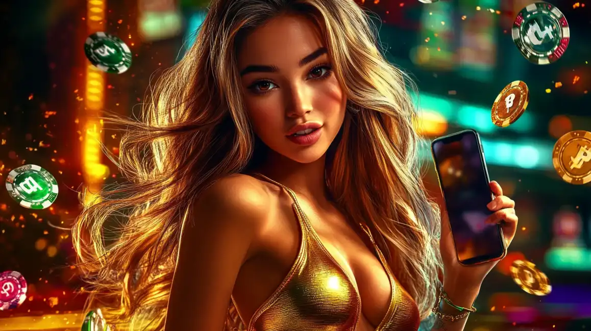 Beautiful woman with long blonde hair holding smartphone surrounded by floating casino chips and coins