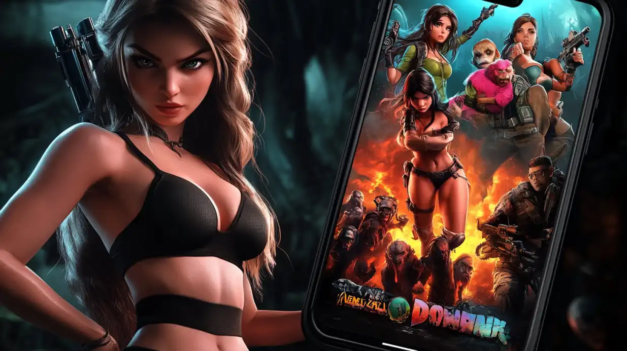 Blonde woman in black outfit with smartphone displaying action gaming app featuring warrior characters