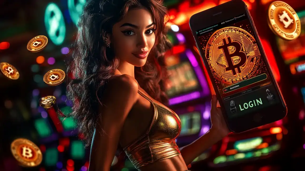 Attractive brunette woman in golden top holding phone with Bitcoin login screen and floating cryptocurrency coins