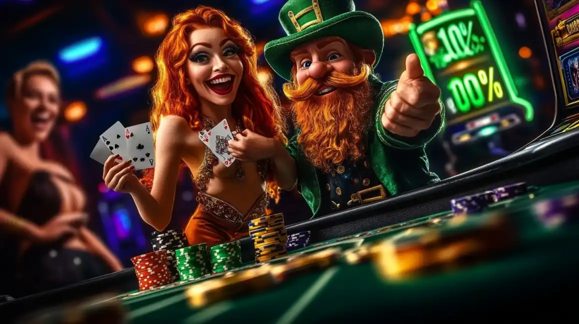 Happy redhead woman and leprechaun character with green hat holding poker cards at casino table with chips and 100% bonus display
