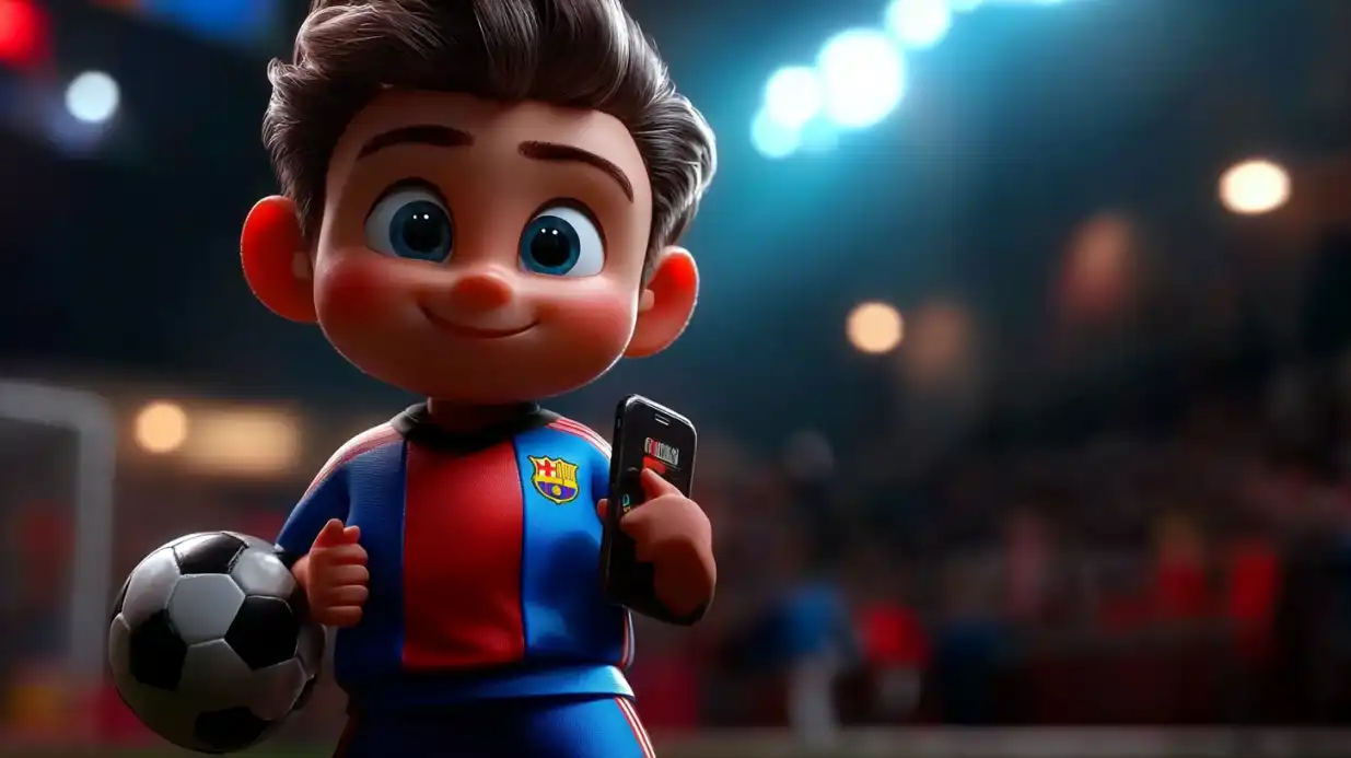 Smiling cartoon boy in Barcelona football jersey holding smartphone and soccer ball for sports betting