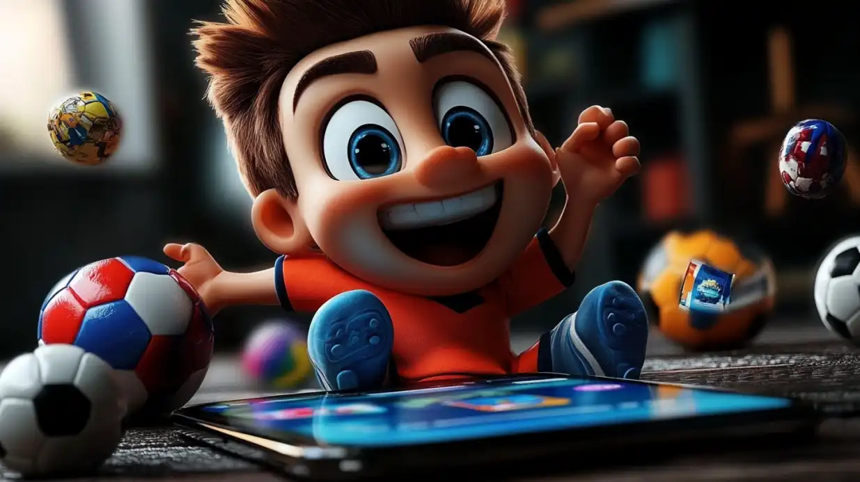 Happy cartoon boy character with sports balls floating around using tablet for mobile casino gaming