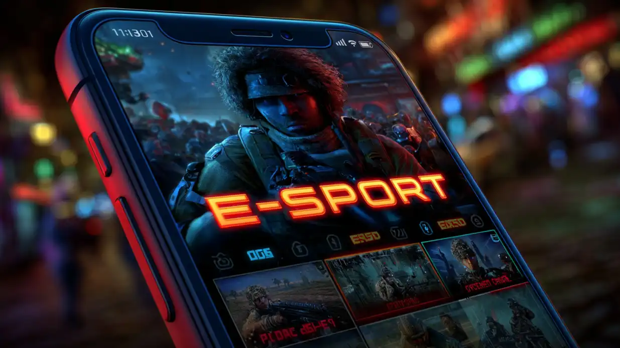 Smartphone displaying E-Sport betting application interface with gaming characters and betting options